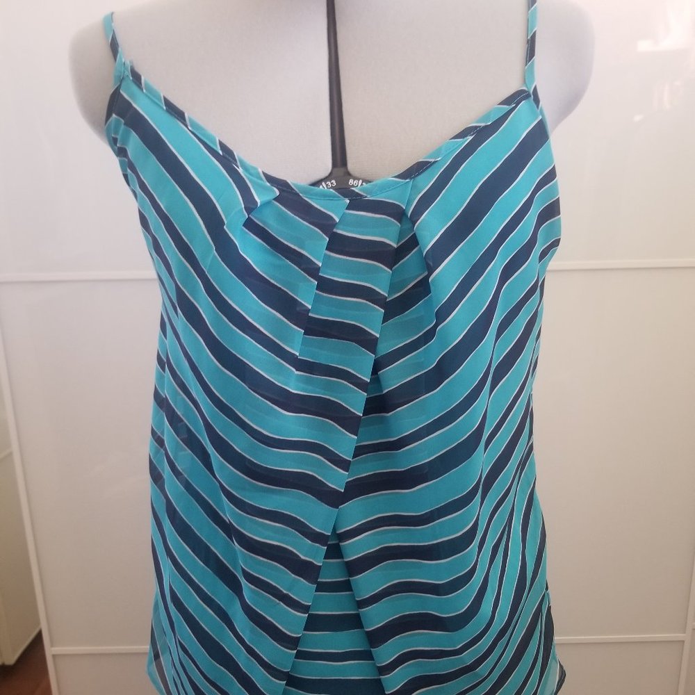 NY&Co Spaghetti Strap Blue Stripe Pleated Blouse